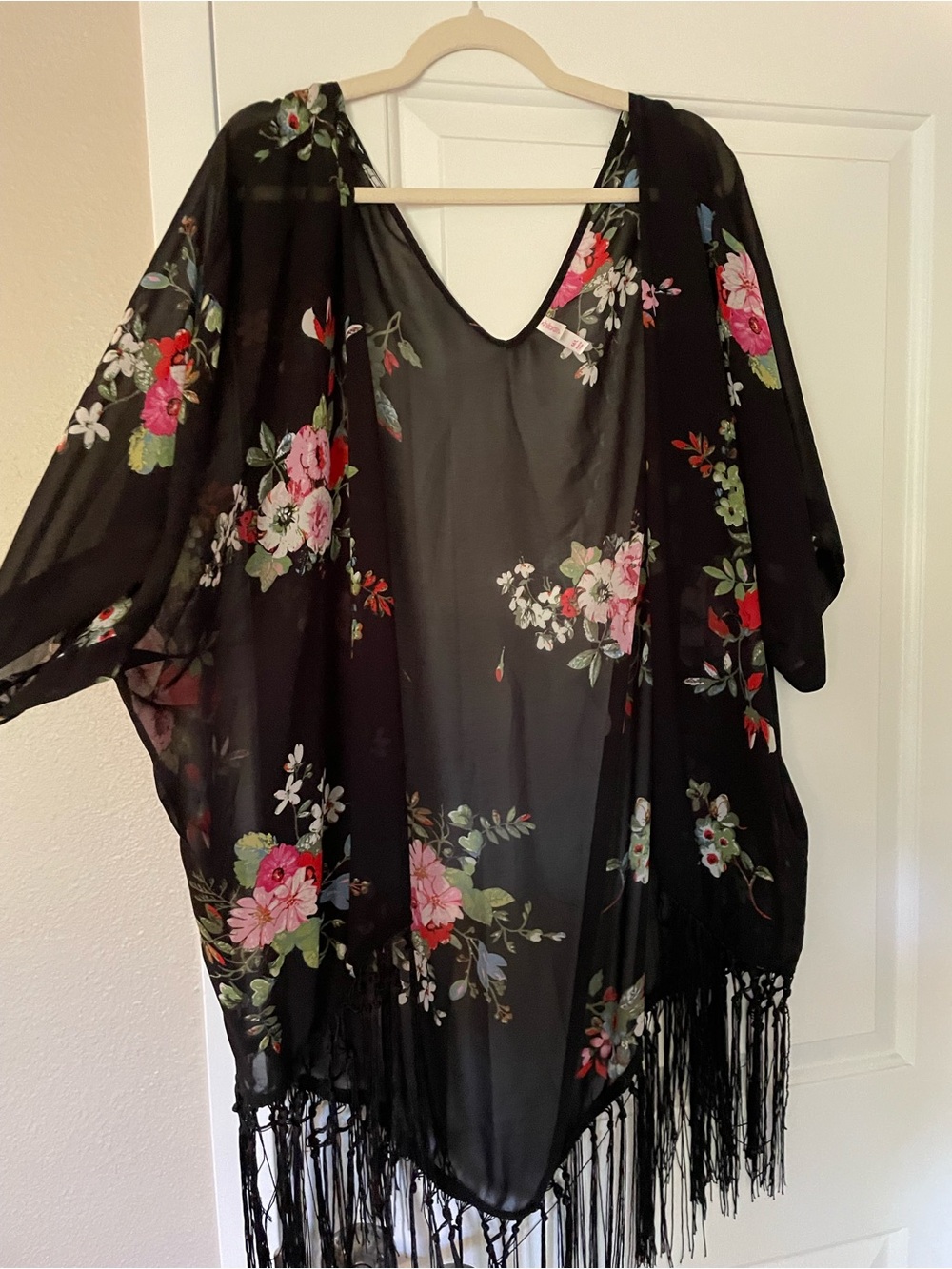Xhilaration Black Floral Sheer Kimono with Fringe